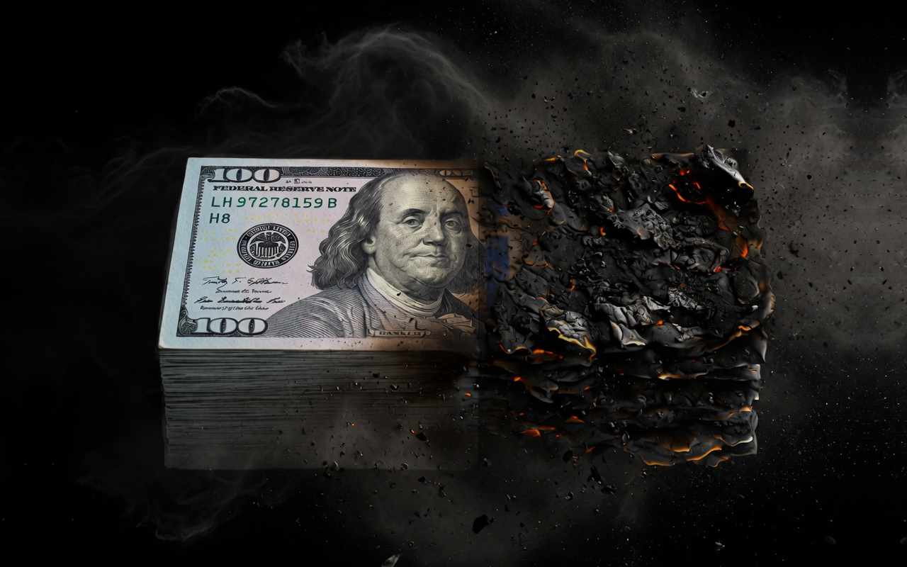 A stack of one hundred dollar bills dissolving into embers and smoke against pure black — the cover image of the Three-Dimensional Money manuscript.